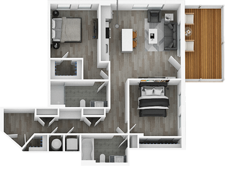 A floor plan of a house with a kitchen, living room, dining room, and two bedrooms.